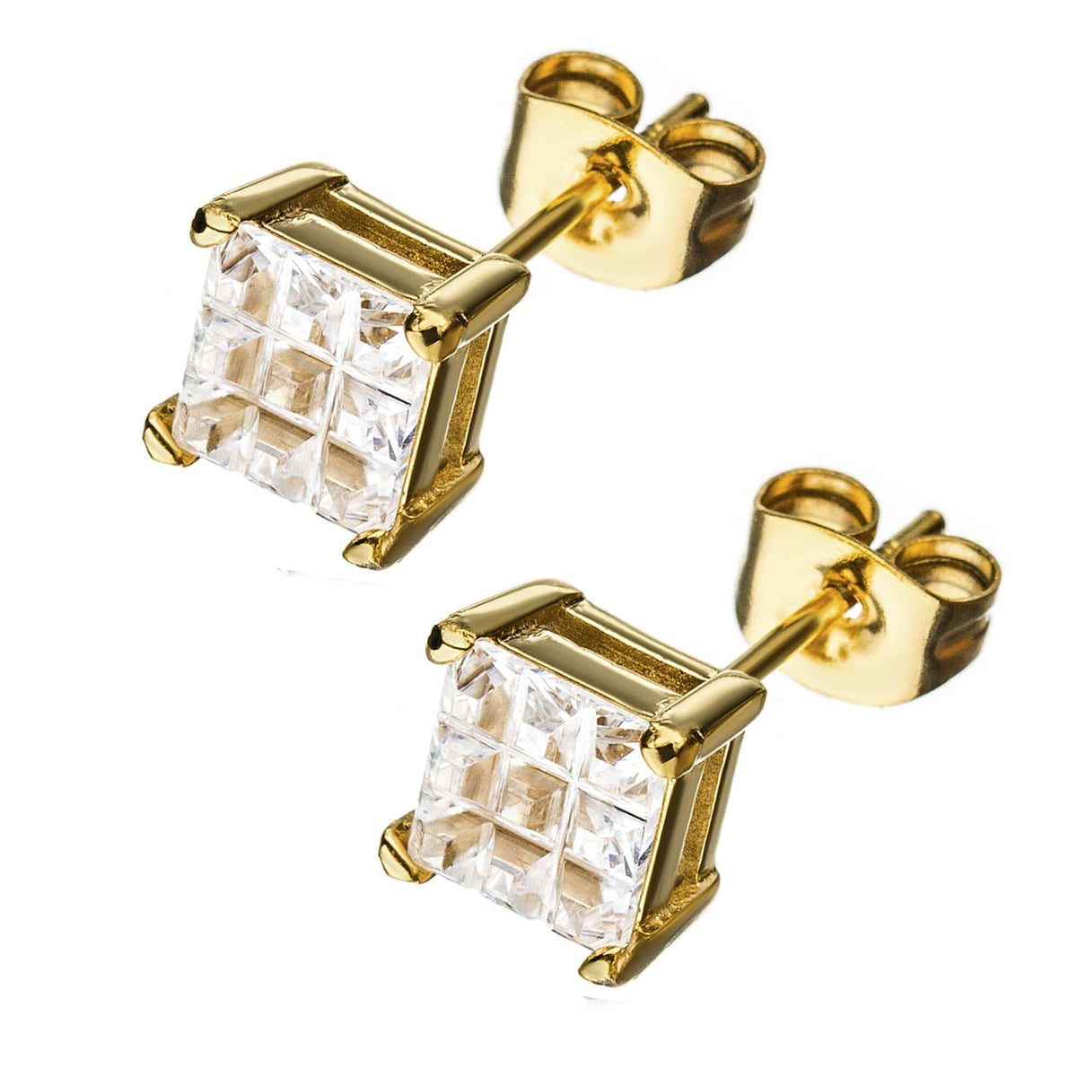 INOX JEWELRY Earrings Golden Tone Stainless Steel Grid Setting Square CZ Ear Studs