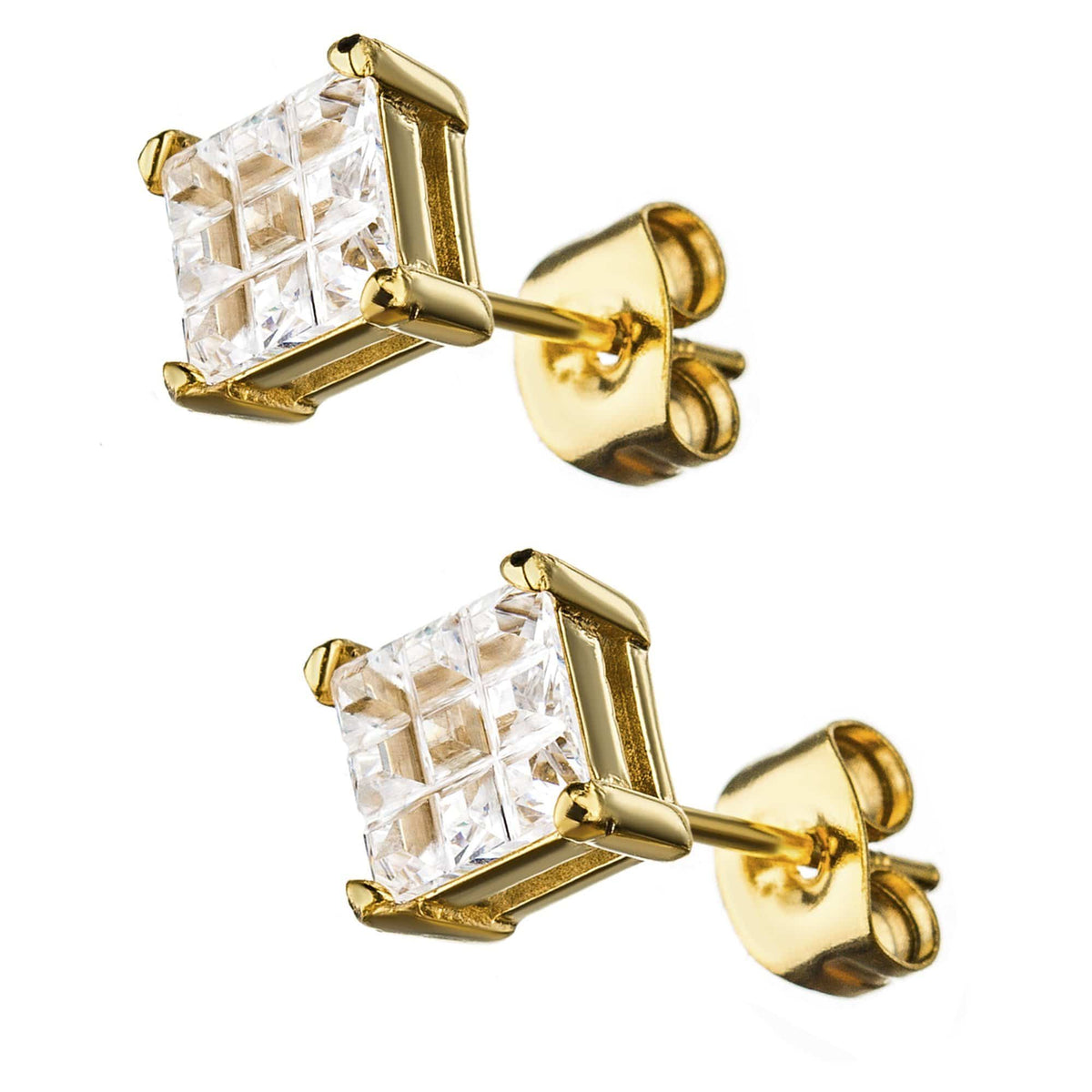 INOX JEWELRY Earrings Golden Tone Stainless Steel Grid Setting Square CZ Ear Studs