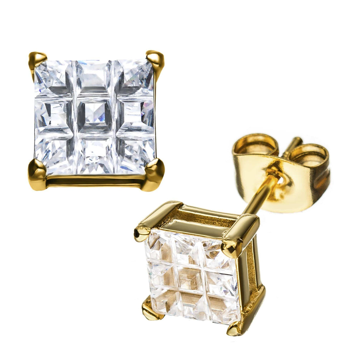 INOX JEWELRY Earrings Golden Tone Stainless Steel Grid Setting Square CZ Ear Studs
