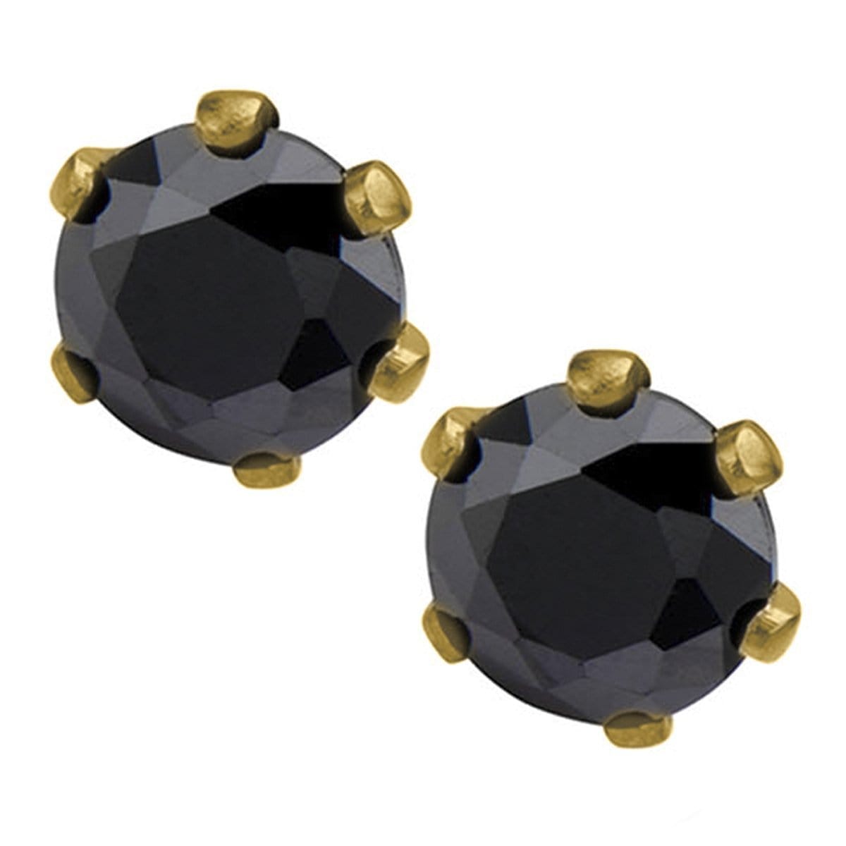 INOX JEWELRY Earrings Golden Tone Stainless Steel Six Prong Black CZ Solitaire Studs
