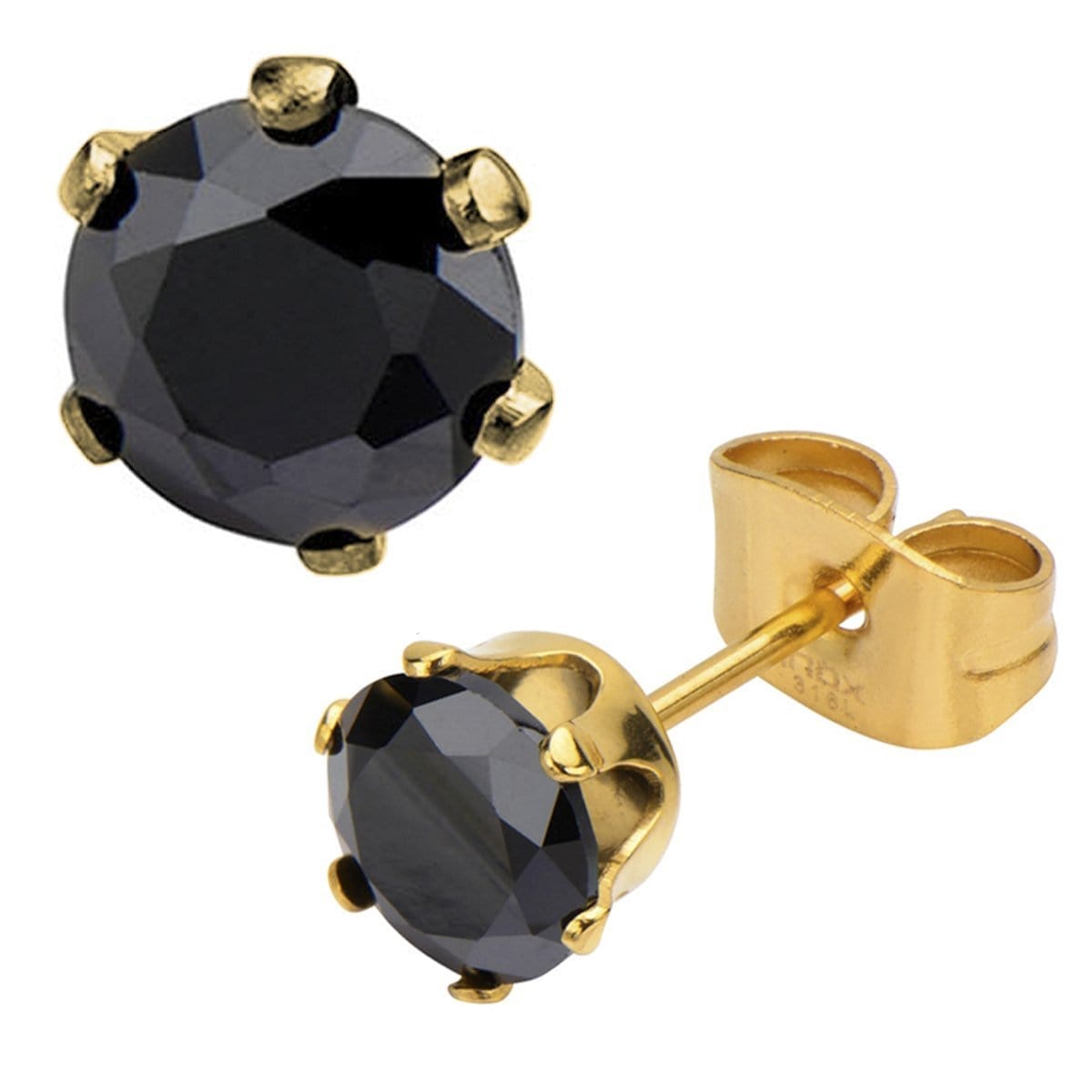 INOX JEWELRY Earrings Golden Tone Stainless Steel Six Prong Black CZ Solitaire Studs