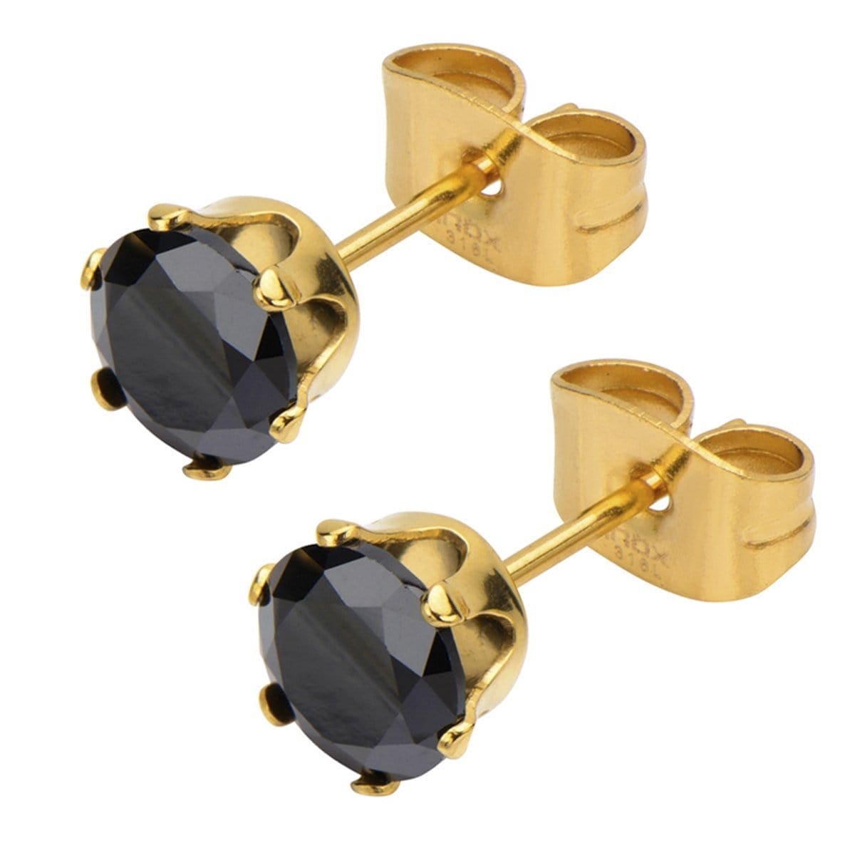 INOX JEWELRY Earrings Golden Tone Stainless Steel Six Prong Black CZ Solitaire Studs