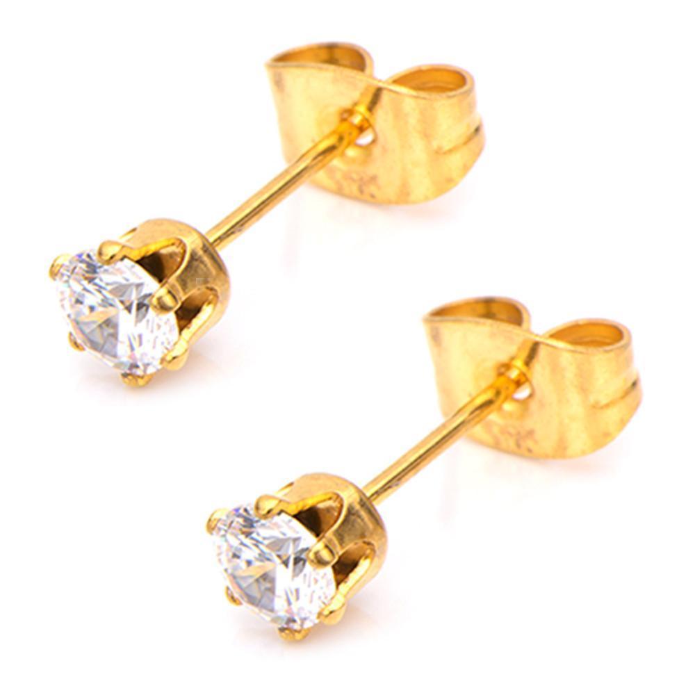 INOX JEWELRY Earrings Golden Tone Stainless Steel Six Prong CZ Solitaire Studs