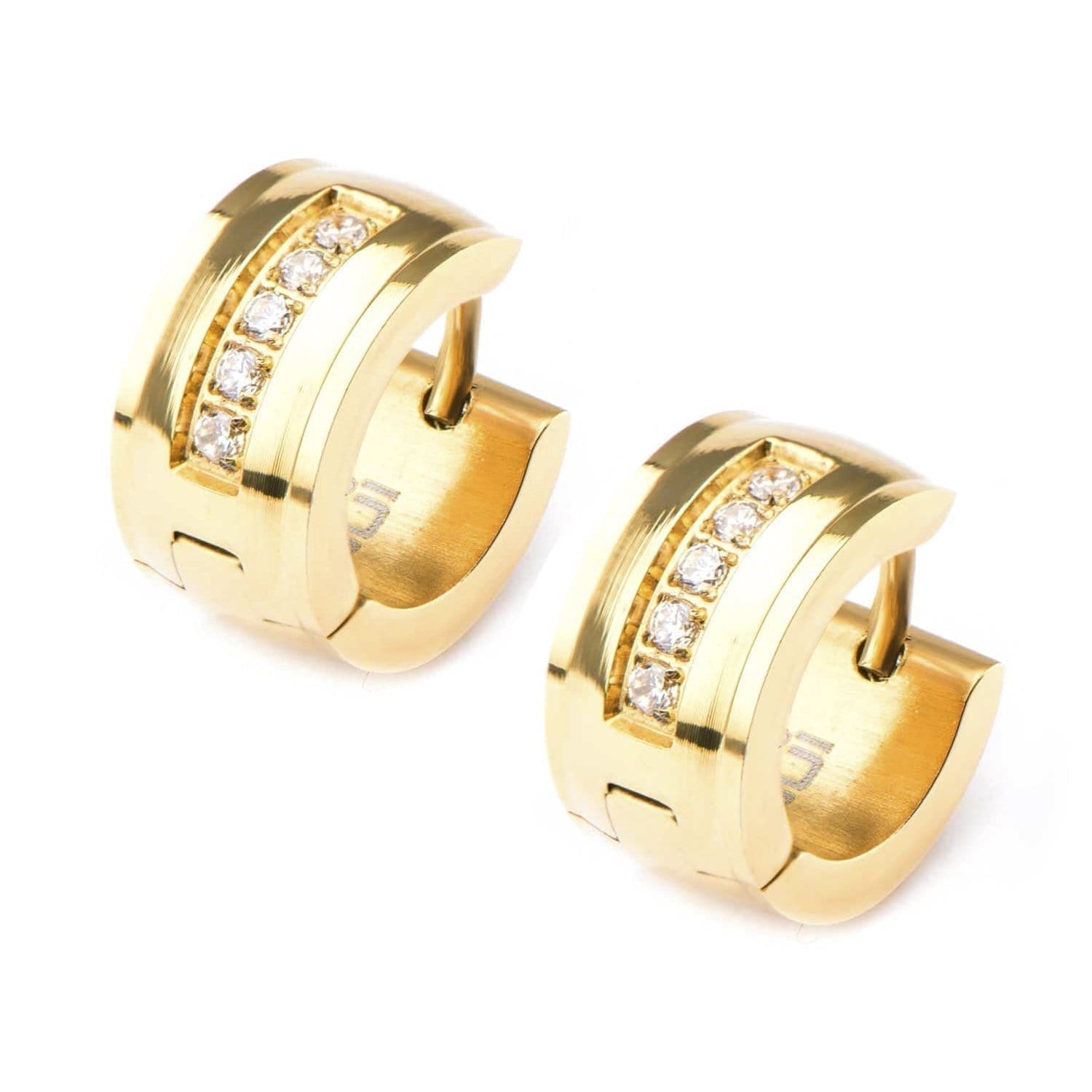 INOX JEWELRY Earrings Golden Tone Stainless Steel with CZ 7mm Bali SSE323176GLD