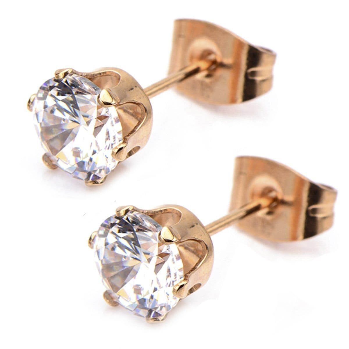 INOX JEWELRY Earrings Rose Tone Stainless Steel Six Prong CZ Solitaire Studs