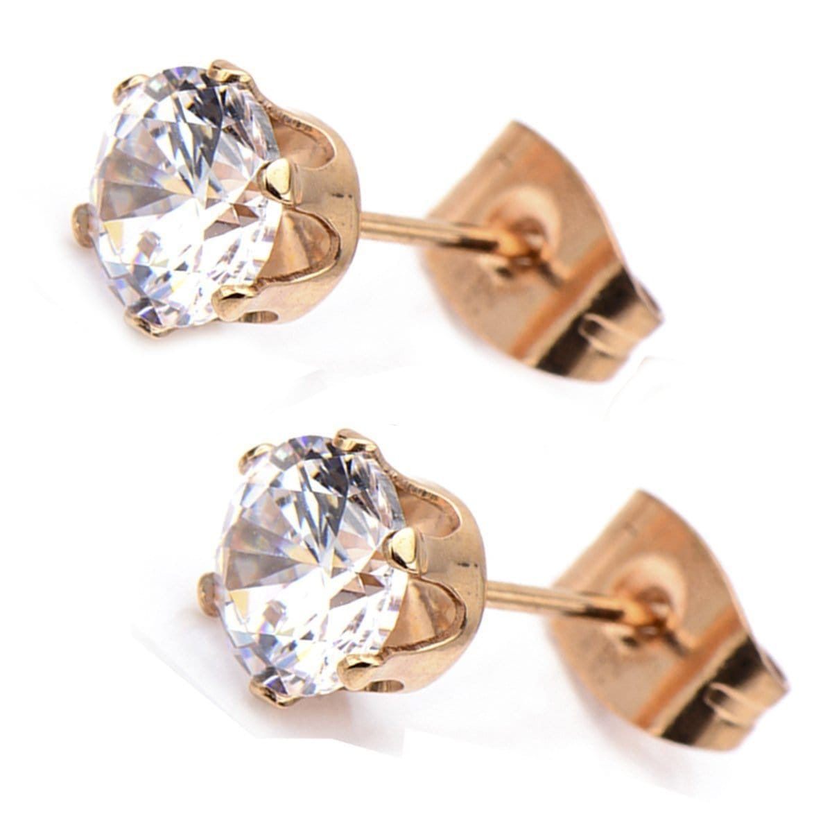 INOX JEWELRY Earrings Rose Tone Stainless Steel Six Prong CZ Solitaire Studs