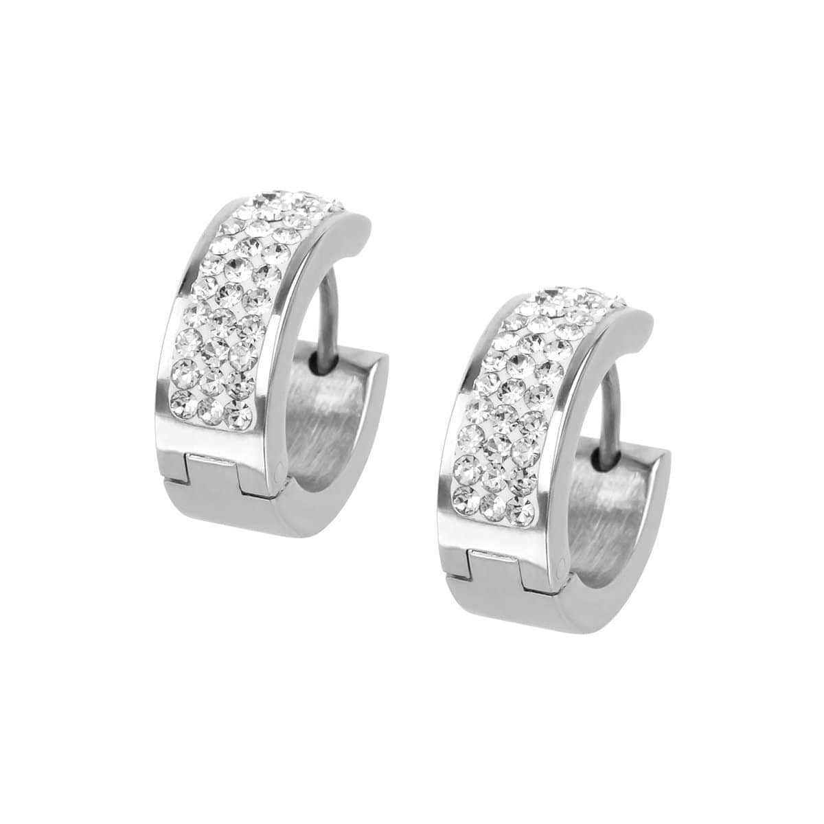 INOX JEWELRY Earrings Silver Tone Stainless Steel 17mm Triple Row White Crystal Huggies SSE5158