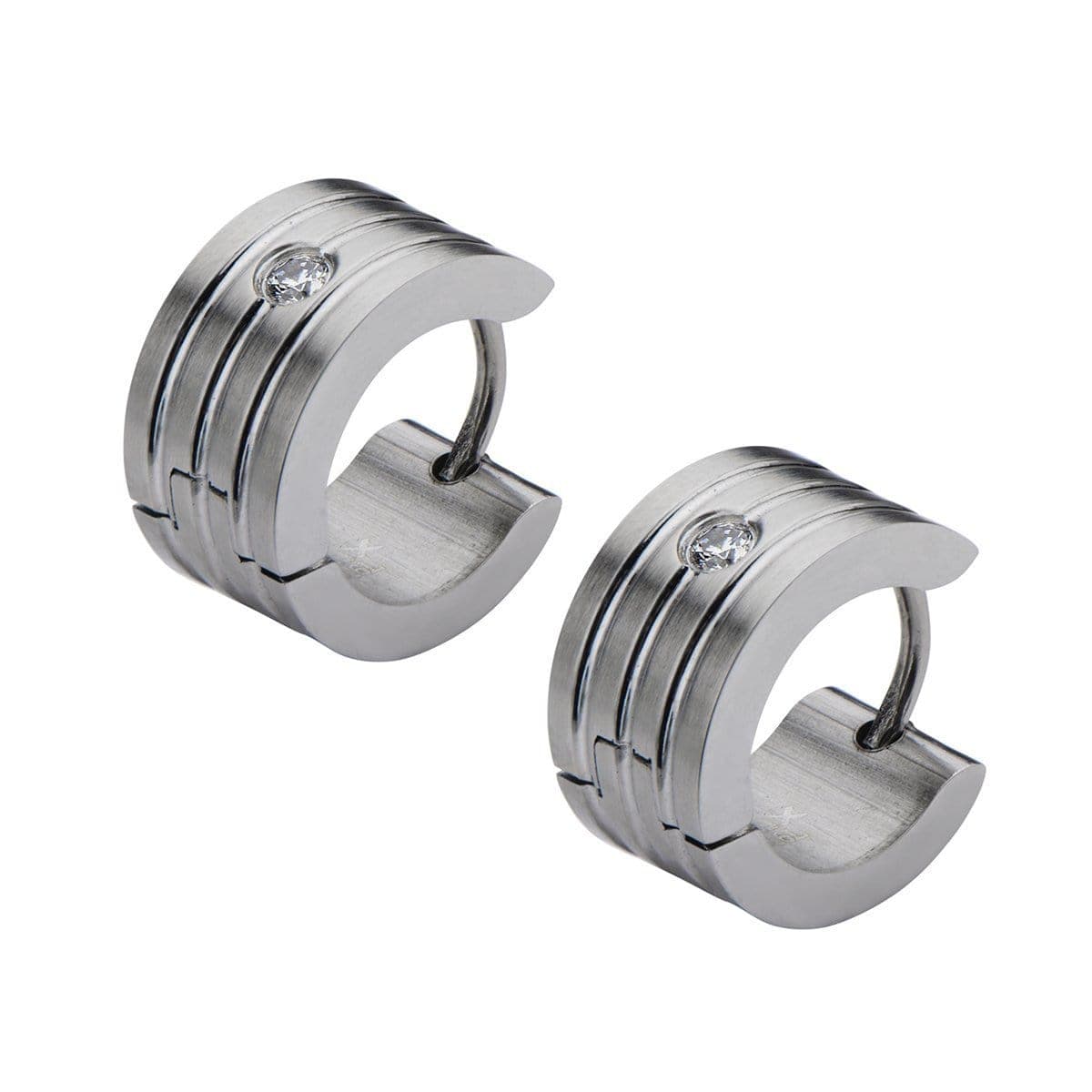 INOX JEWELRY Earrings Silver Tone Stainless Steel 7mm Grooved-Line White Crystal Huggies SSE277