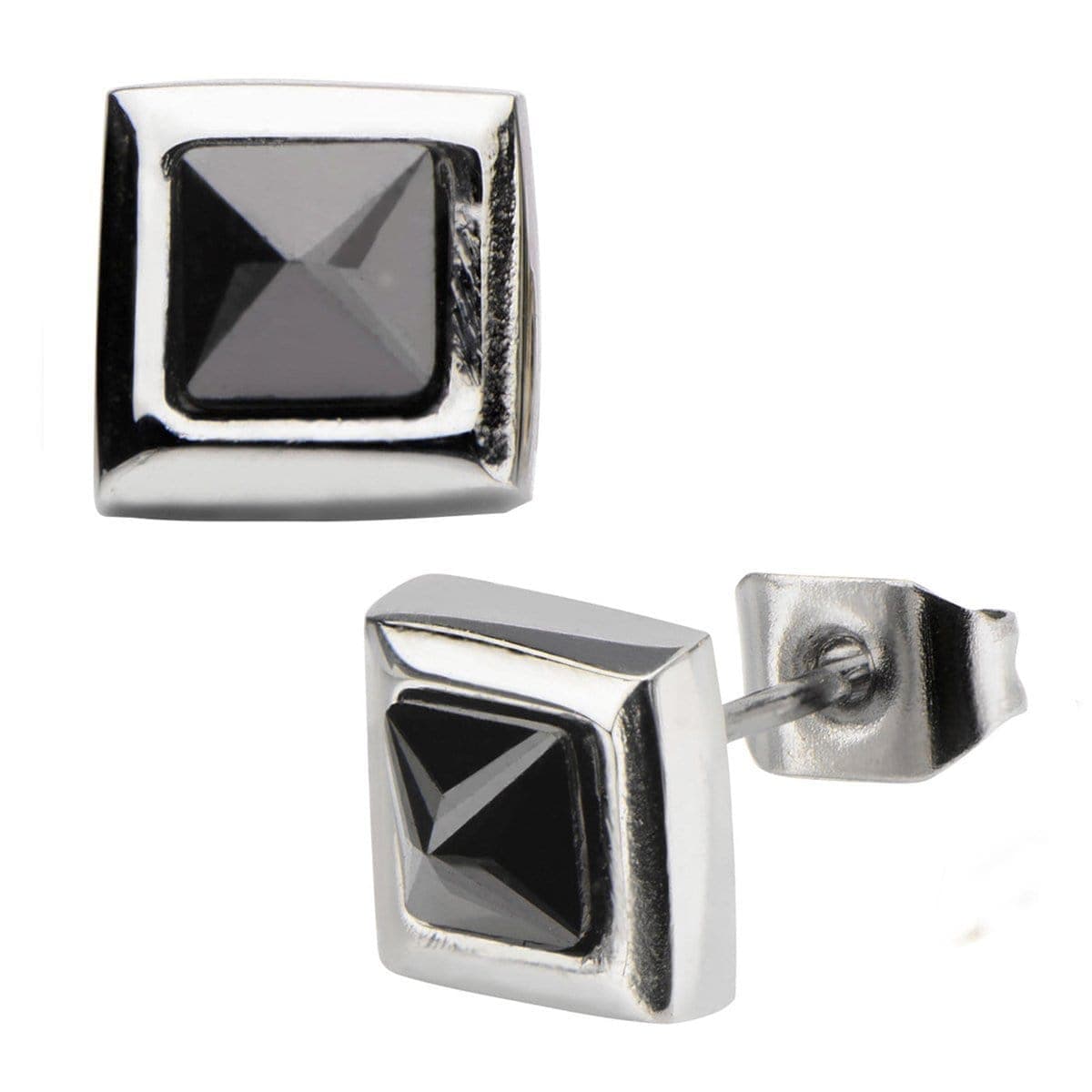 INOX JEWELRY Earrings Silver Tone Stainless Steel Black Pyramid Crystal Square Studs SSE816SK