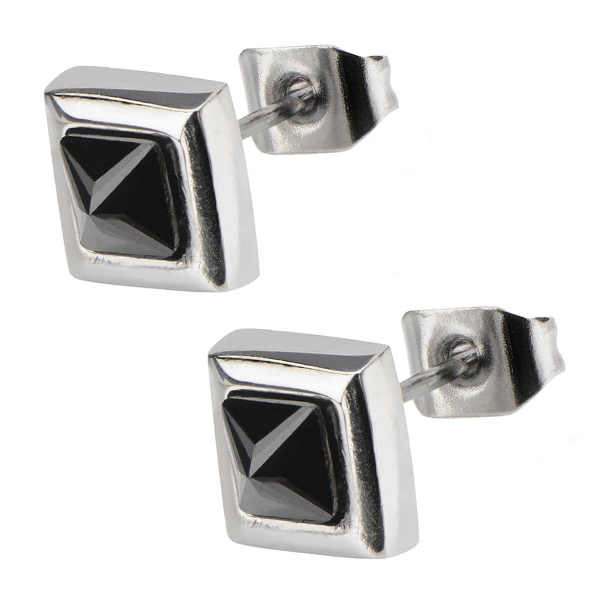 INOX JEWELRY Earrings Silver Tone Stainless Steel Black Pyramid Crystal Square Studs SSE816SK