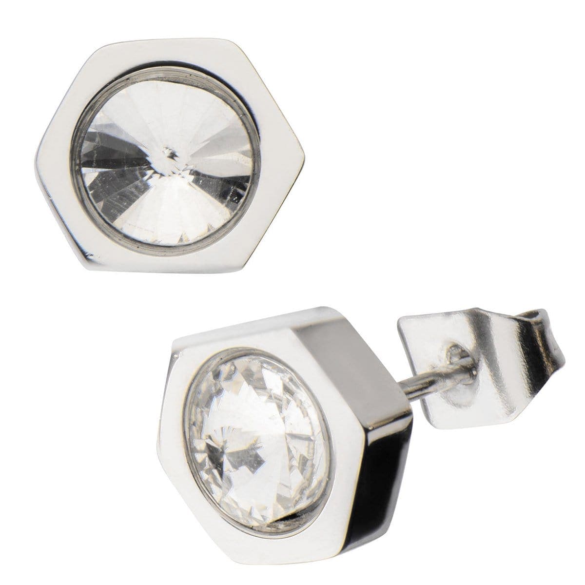 INOX JEWELRY Earrings Silver Tone Stainless Steel Crystal Hexagon Studs SSE815SC