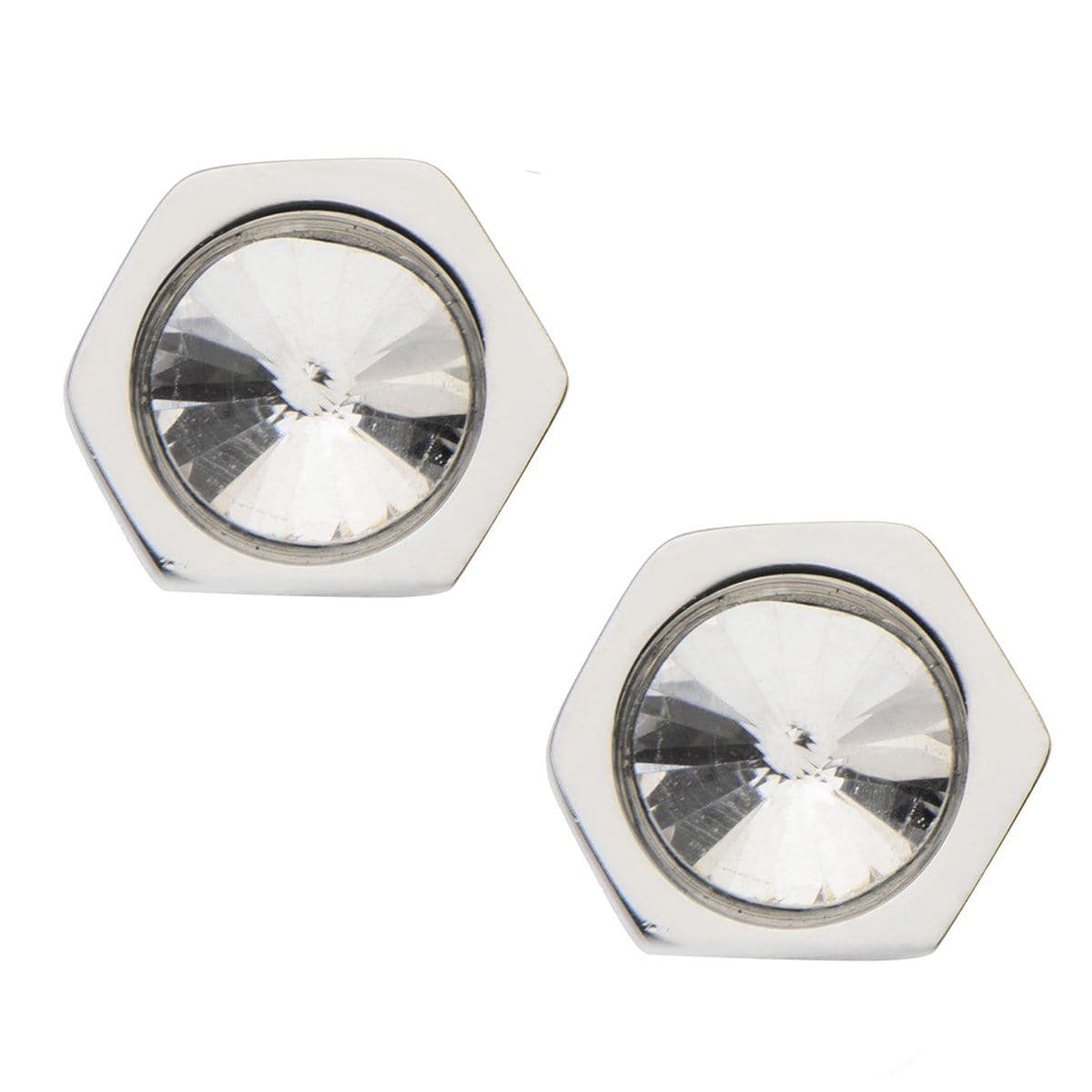 INOX JEWELRY Earrings Silver Tone Stainless Steel Crystal Hexagon Studs SSE815SC