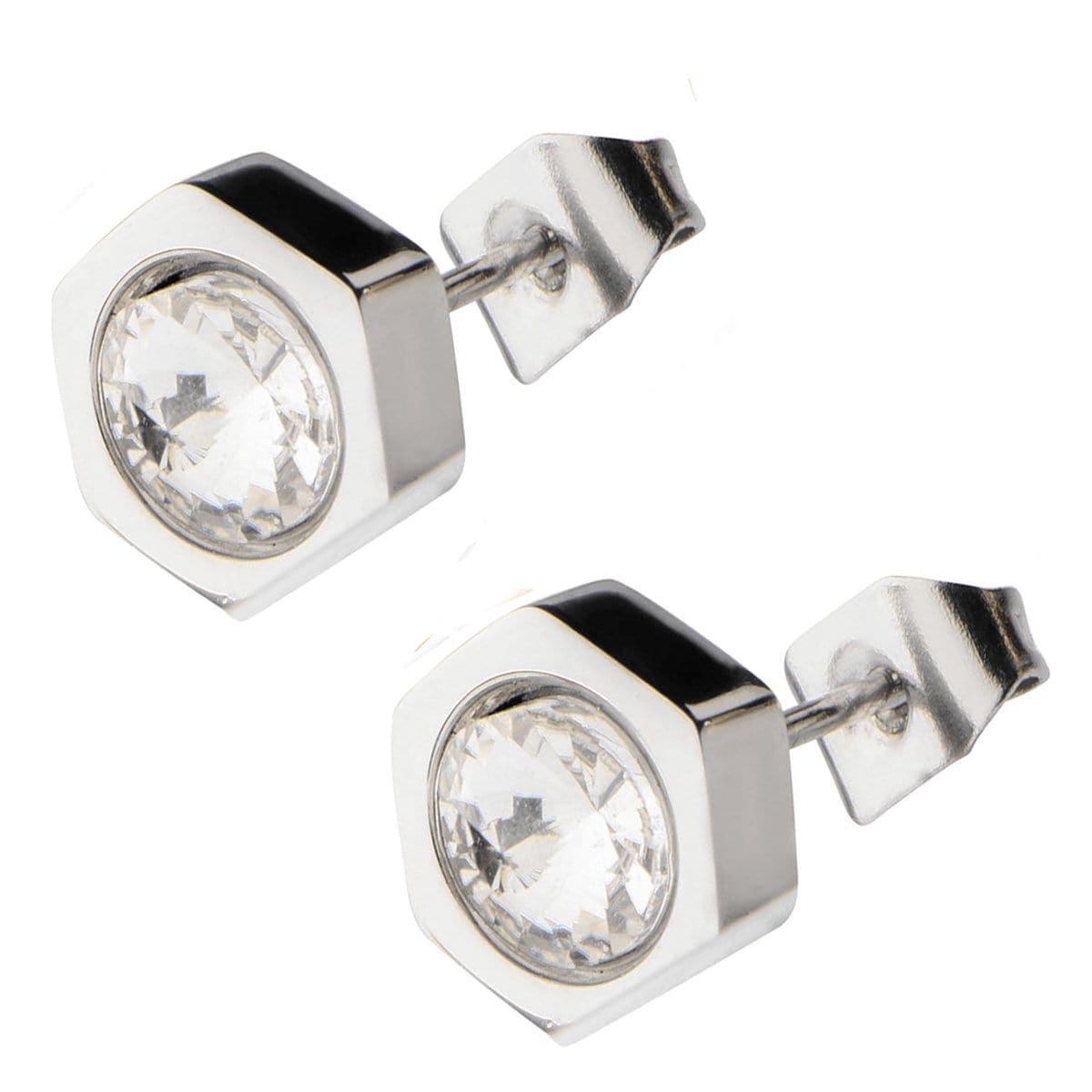 INOX JEWELRY Earrings Silver Tone Stainless Steel Crystal Hexagon Studs SSE815SC
