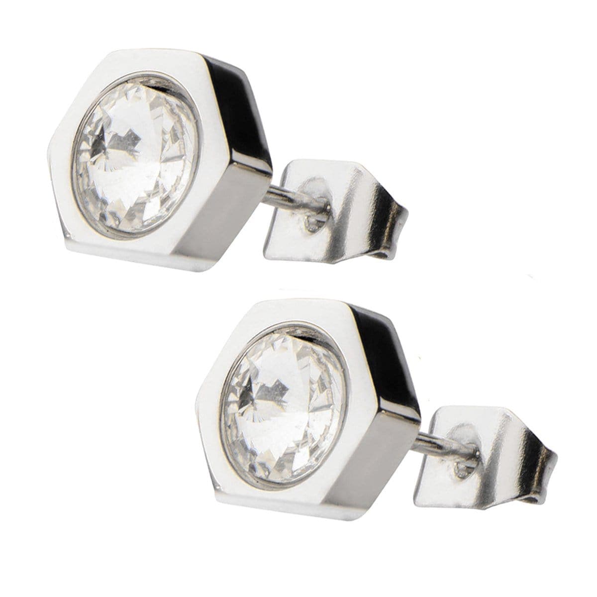 INOX JEWELRY Earrings Silver Tone Stainless Steel Crystal Hexagon Studs SSE815SC