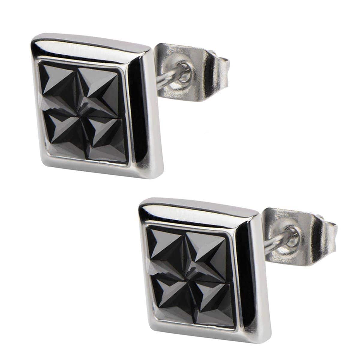 INOX JEWELRY Earrings Silver Tone Stainless Steel Four Black Pyramid Crystals Square Studs SSE818SK