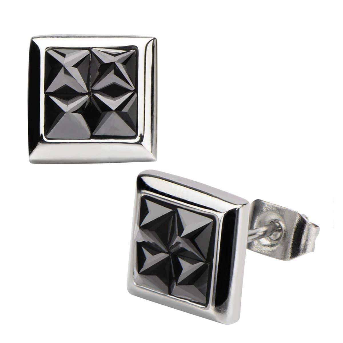 INOX JEWELRY Earrings Silver Tone Stainless Steel Four Black Pyramid Crystals Square Studs SSE818SK