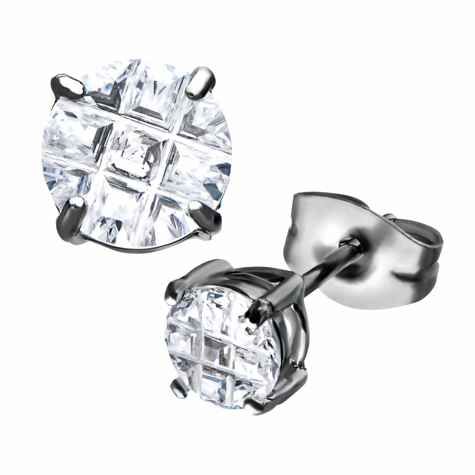 INOX JEWELRY Earrings Silver Tone Stainless Steel Grid Setting Round CZ Ear Studs