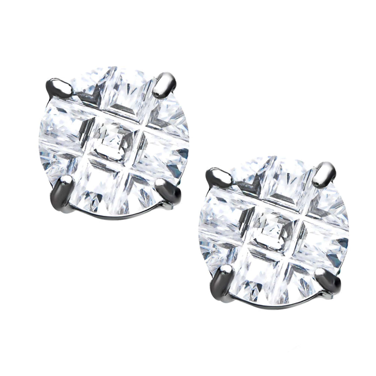 INOX JEWELRY Earrings Silver Tone Stainless Steel Grid Setting Round CZ Ear Studs