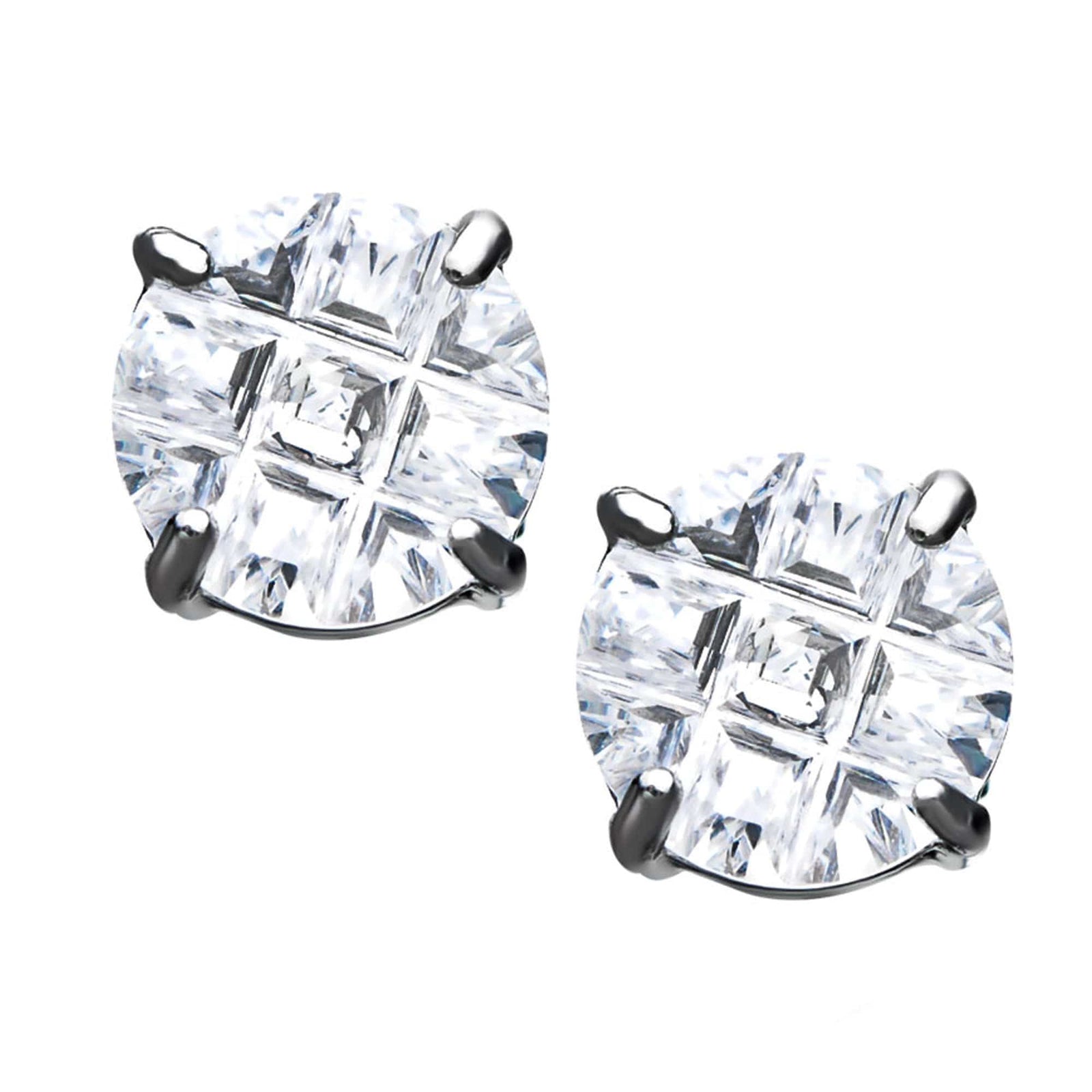 INOX JEWELRY Earrings Silver Tone Stainless Steel Grid Setting Round CZ Ear Studs