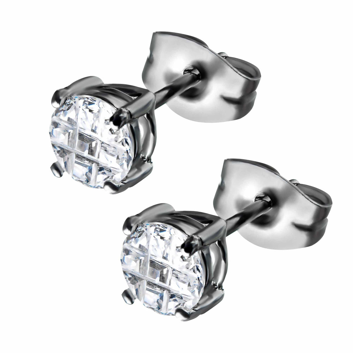 INOX JEWELRY Earrings Silver Tone Stainless Steel Grid Setting Round CZ Ear Studs