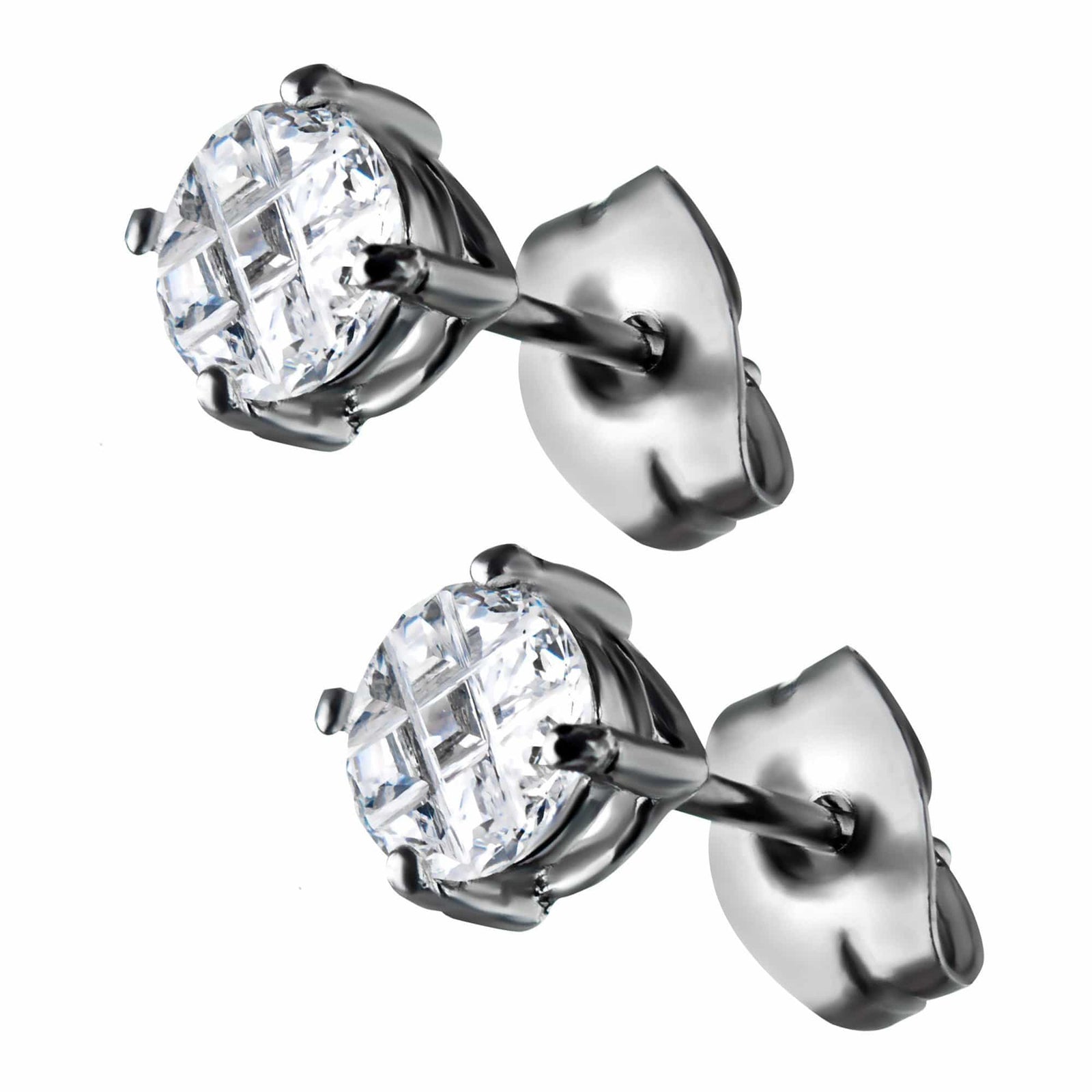 INOX JEWELRY Earrings Silver Tone Stainless Steel Grid Setting Round CZ Ear Studs