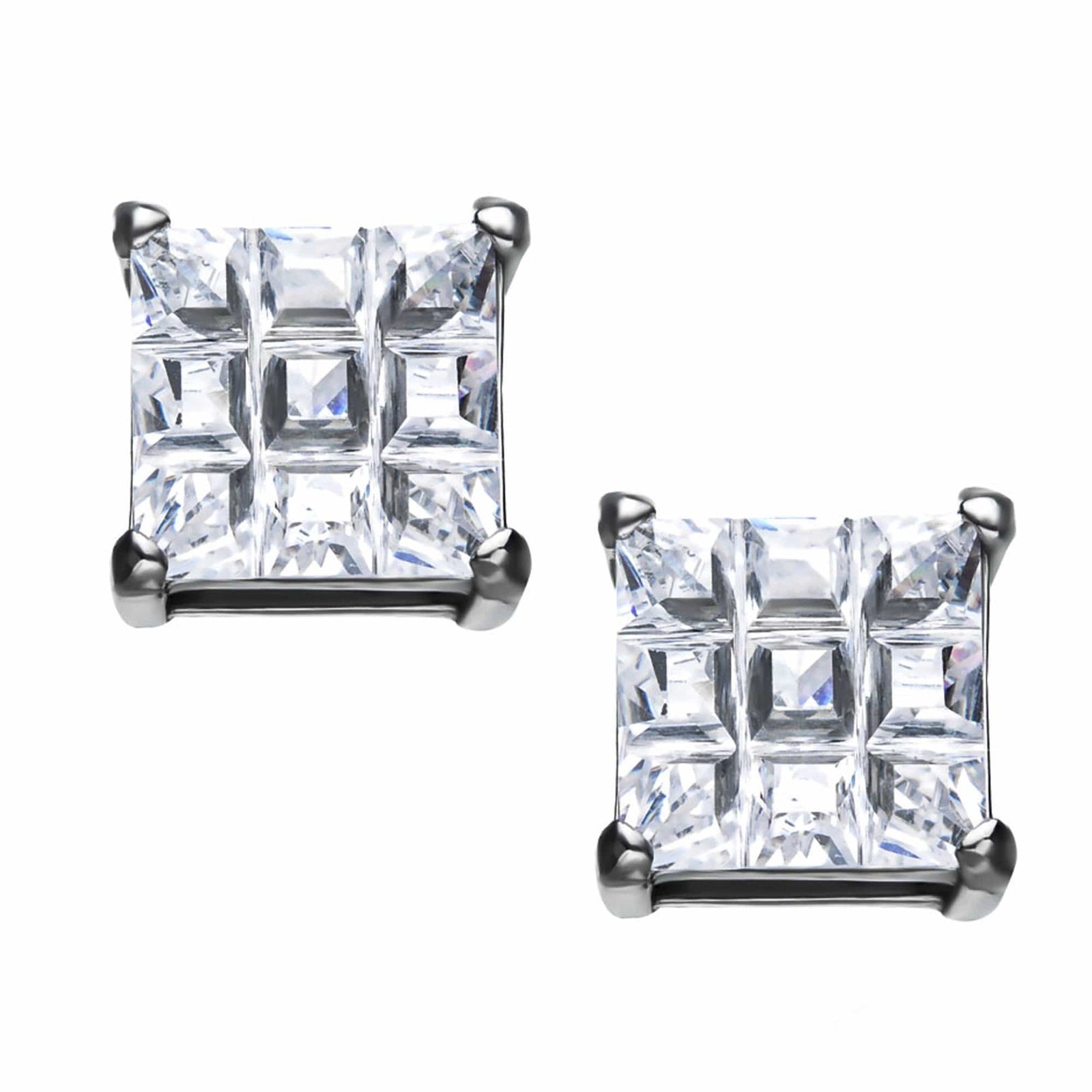 INOX JEWELRY Earrings Silver Tone Stainless Steel Grid Setting Square CZ Ear Studs