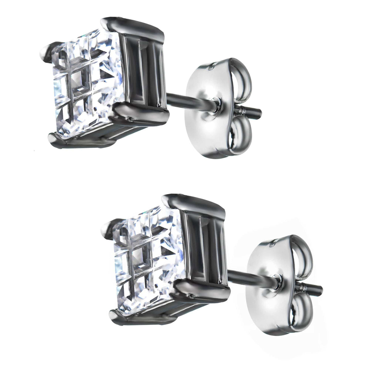 INOX JEWELRY Earrings Silver Tone Stainless Steel Grid Setting Square CZ Ear Studs