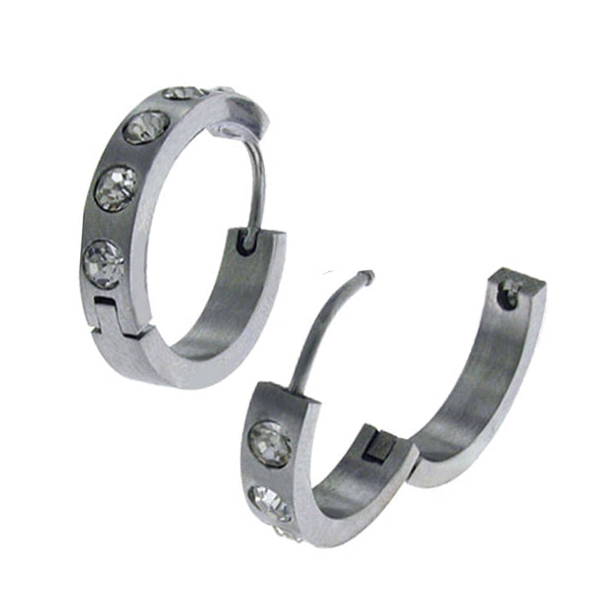 INOX JEWELRY Earrings Silver Tone Stainless Steel Single Row Five Cubic Zirconia Design Huggies SSE016