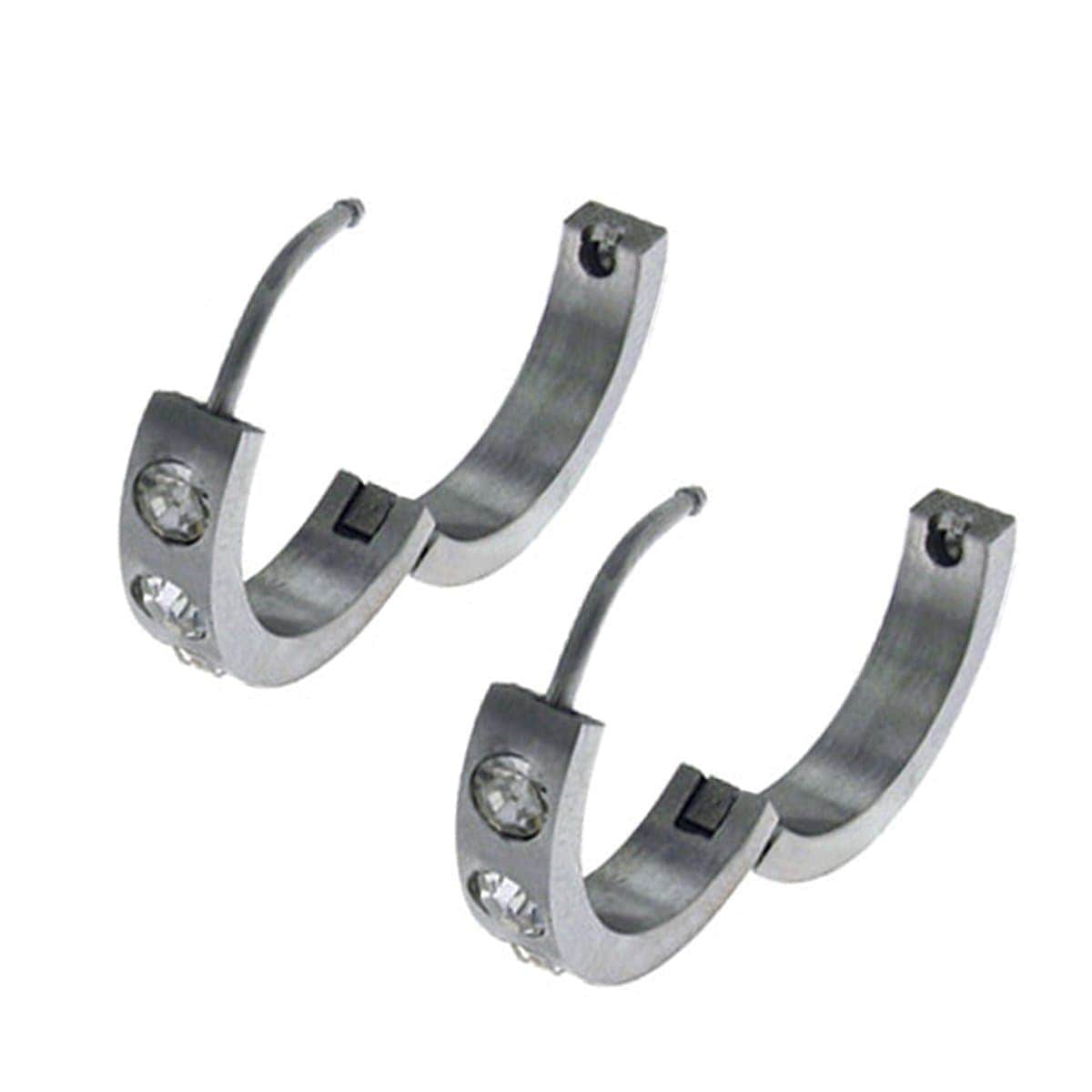 INOX JEWELRY Earrings Silver Tone Stainless Steel Single Row Five Cubic Zirconia Design Huggies SSE016