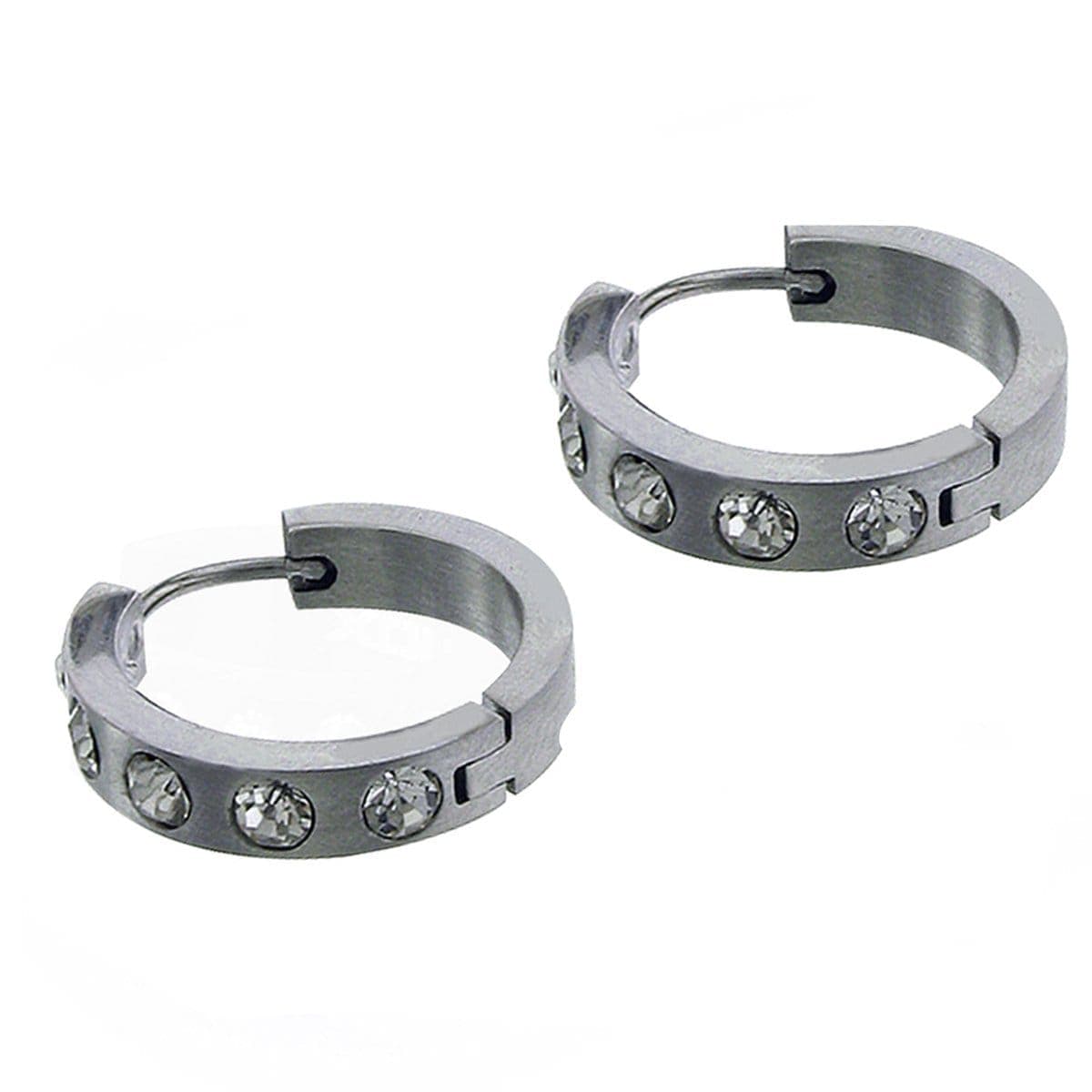 INOX JEWELRY Earrings Silver Tone Stainless Steel Single Row Five Cubic Zirconia Design Huggies SSE016