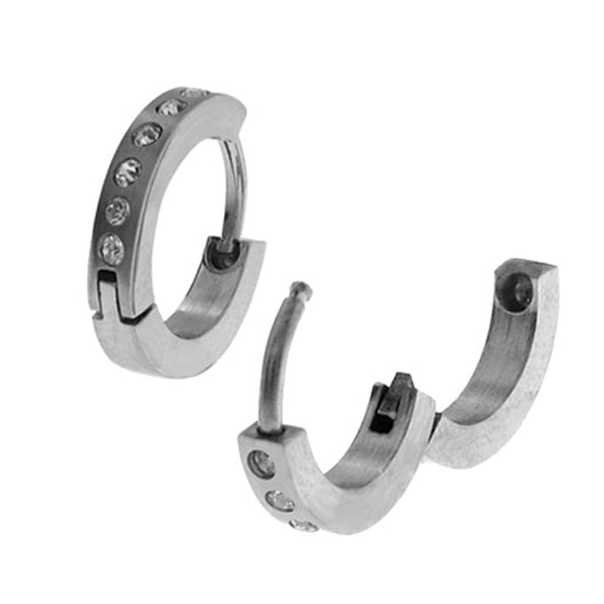 INOX JEWELRY Earrings Silver Tone Stainless Steel Single Row Small CZ Huggies SSE007