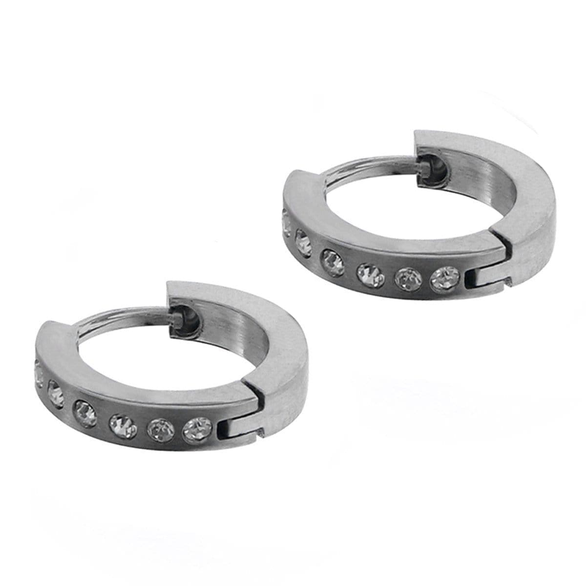 INOX JEWELRY Earrings Silver Tone Stainless Steel Single Row Small CZ Huggies SSE007