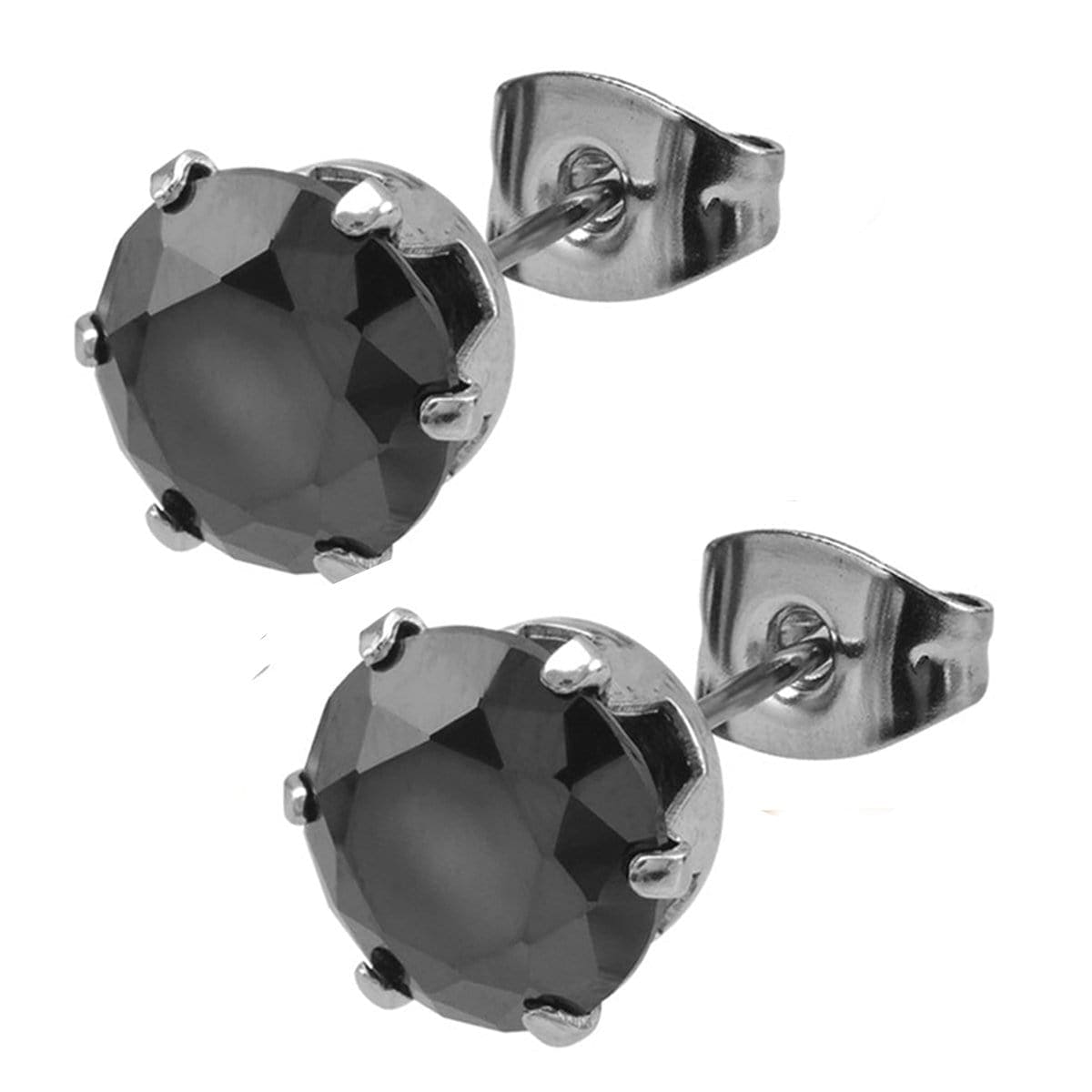 INOX JEWELRY Earrings Silver Tone Stainless Steel Six Prong Black CZ Solitaire Studs