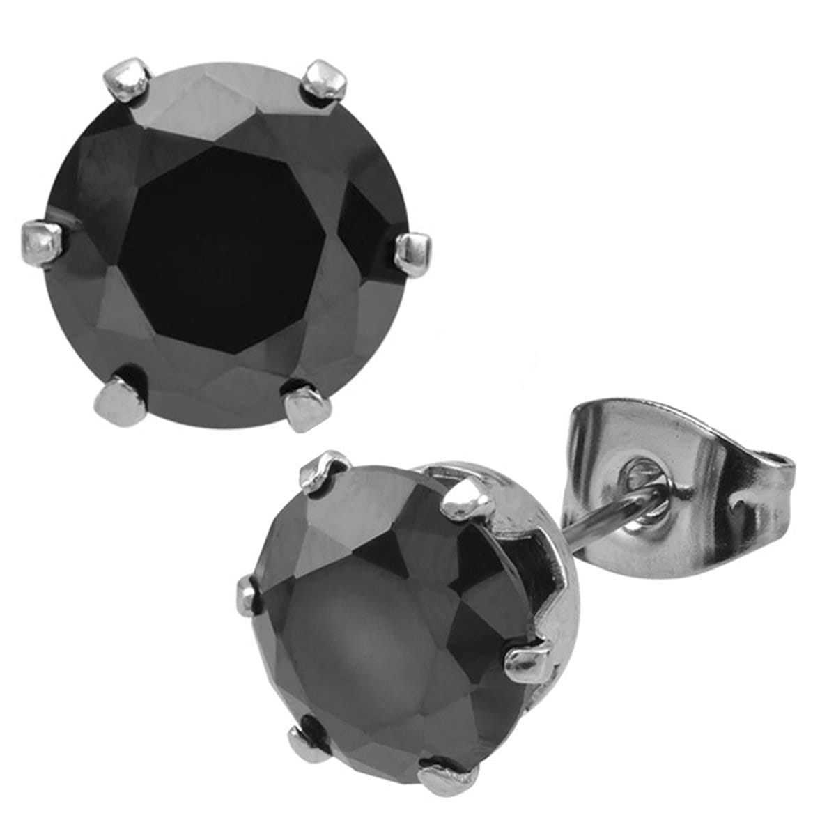INOX JEWELRY Earrings Silver Tone Stainless Steel Six Prong Black CZ Solitaire Studs
