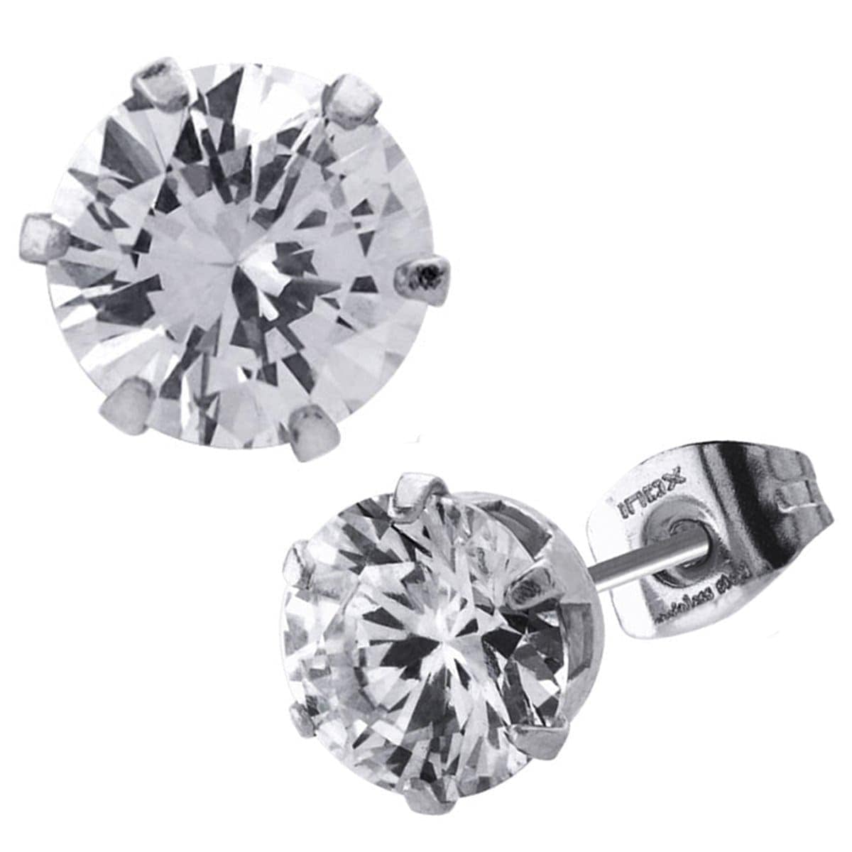 INOX JEWELRY Earrings Silver Tone Stainless Steel Six Prong CZ Solitaire Studs
