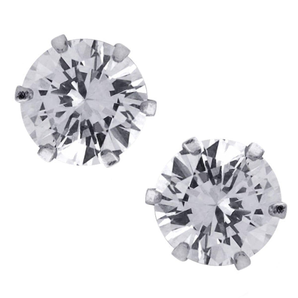INOX JEWELRY Earrings Silver Tone Stainless Steel Six Prong CZ Solitaire Studs