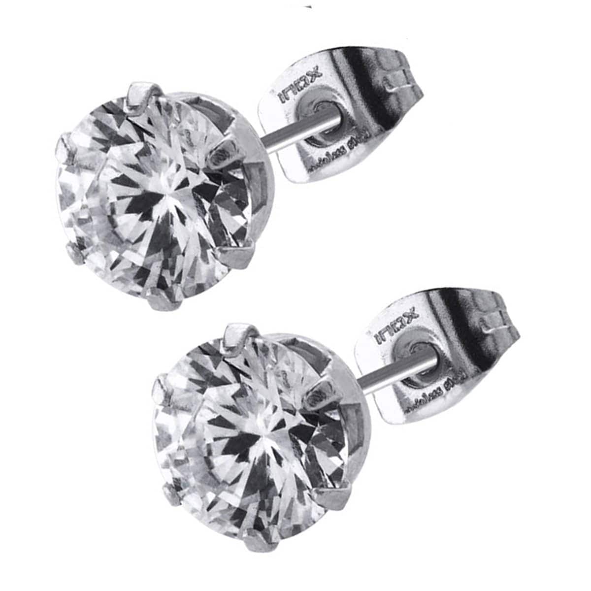 INOX JEWELRY Earrings Silver Tone Stainless Steel Six Prong CZ Solitaire Studs