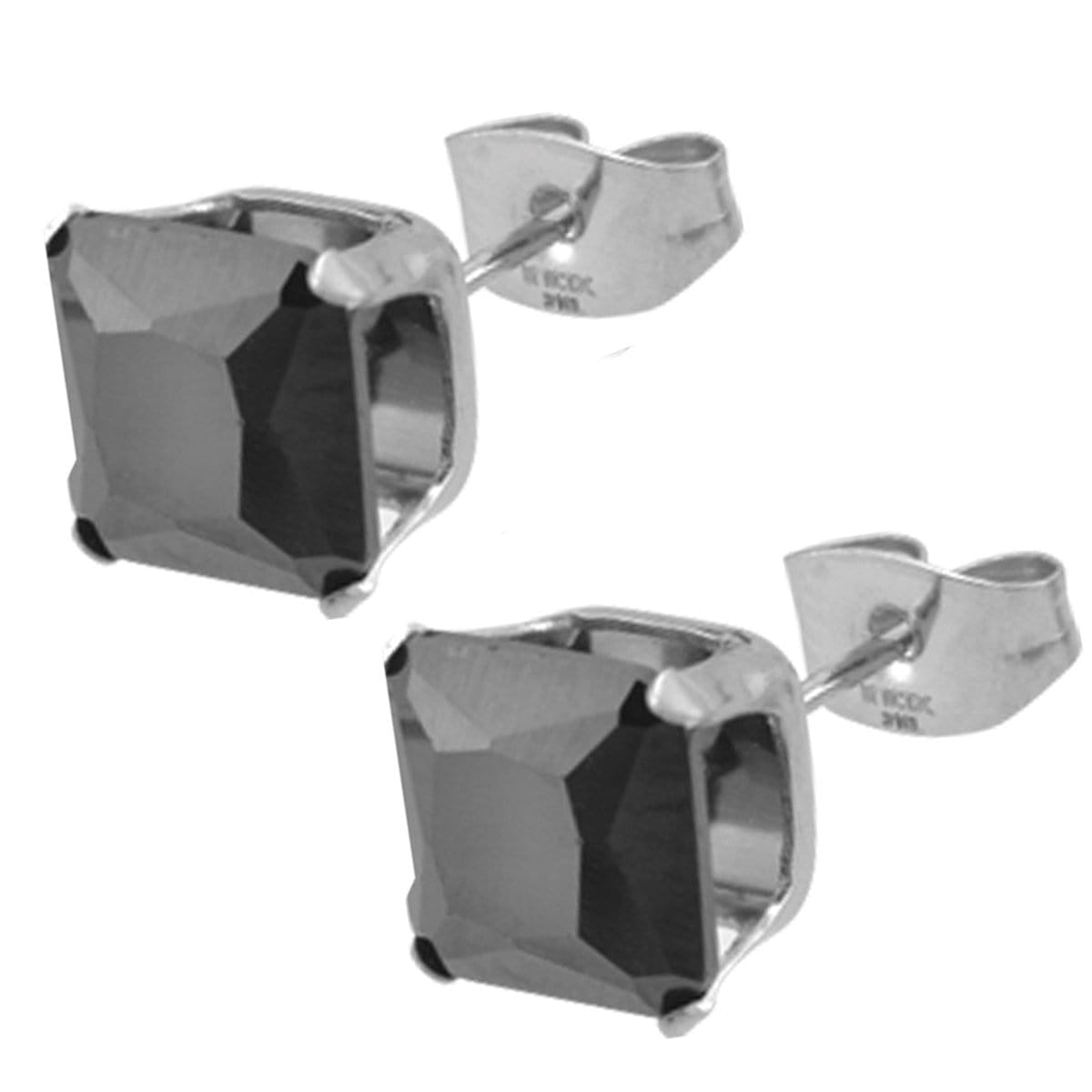 INOX JEWELRY Earrings Silver Tone Stainless Steel Square Cut Black CZ Studs