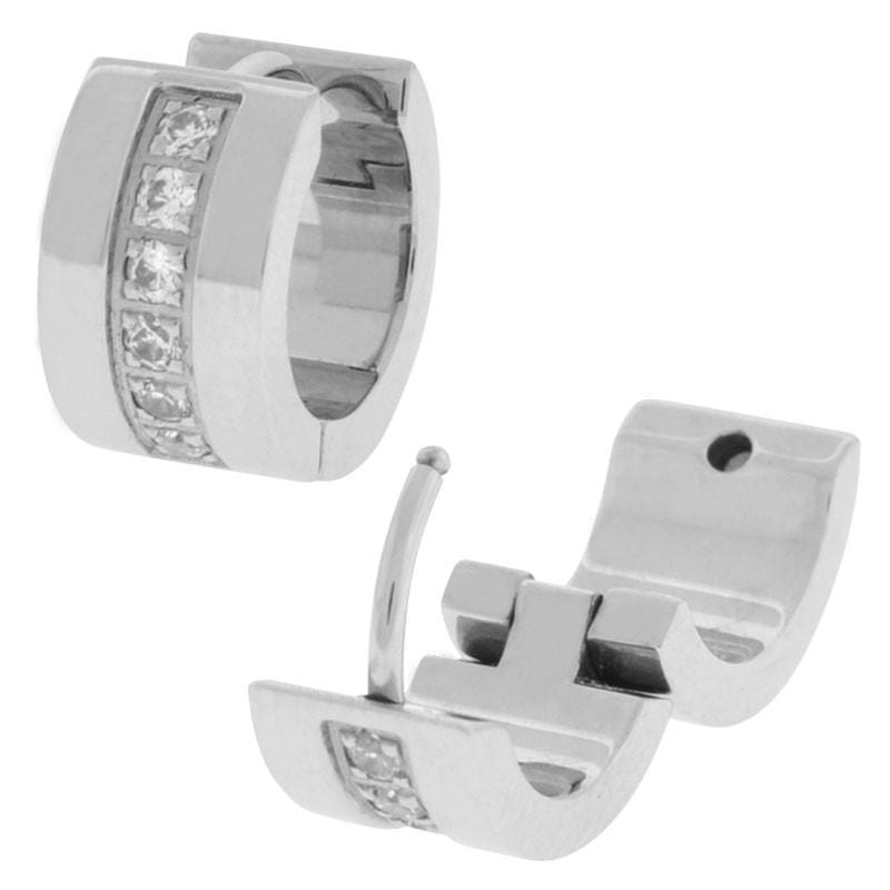 INOX JEWELRY Earrings Silver Tone Stainless Steel Square Cut CZ Huggies SSE1607