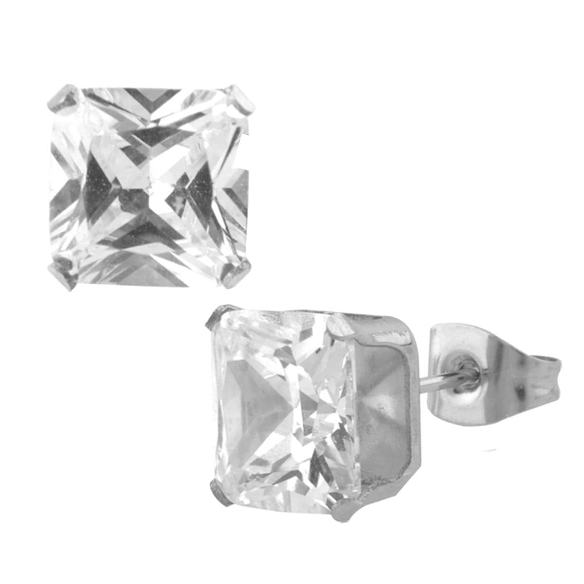 INOX JEWELRY Earrings Silver Tone Stainless Steel Square Cut CZ Studs