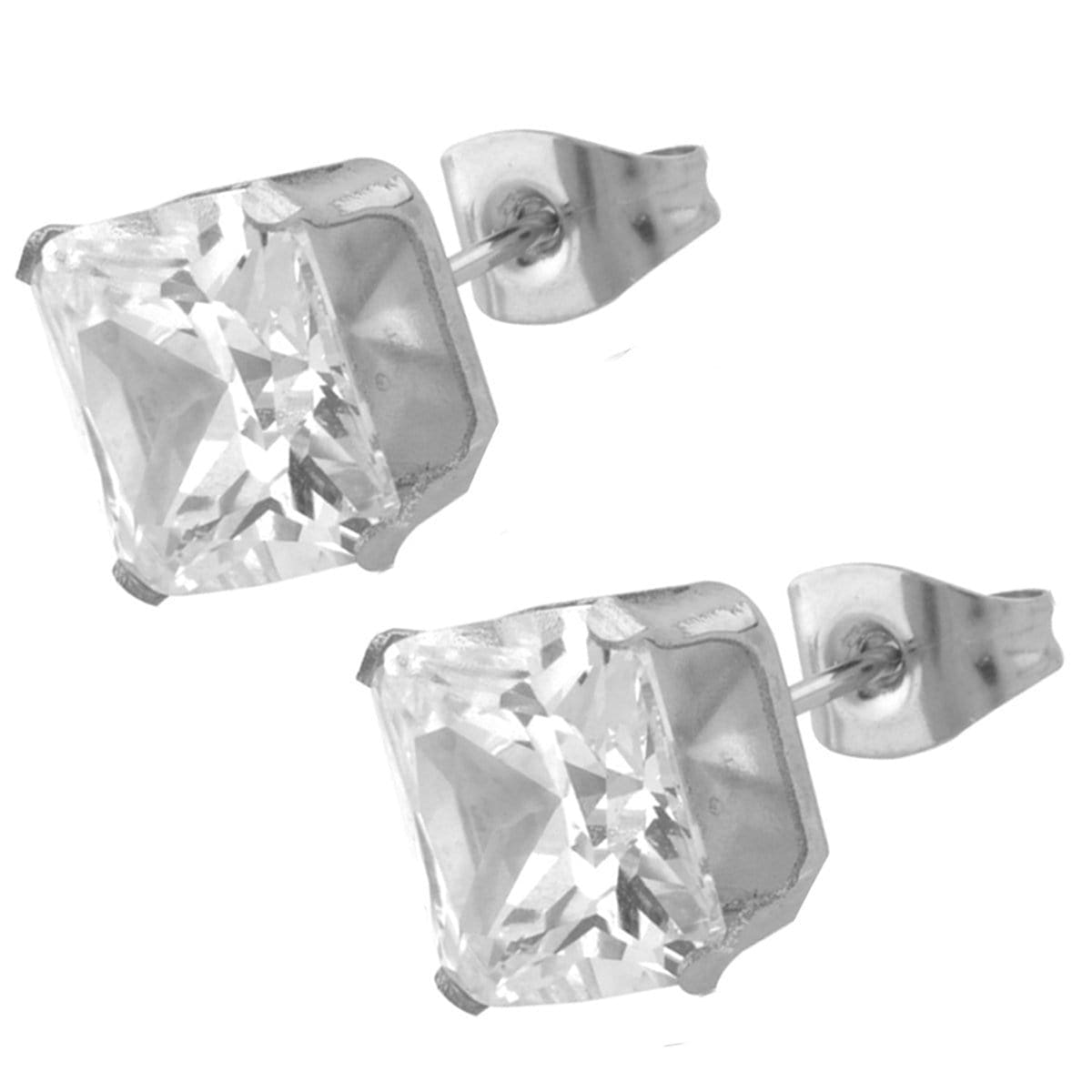 INOX JEWELRY Earrings Silver Tone Stainless Steel Square Cut CZ Studs