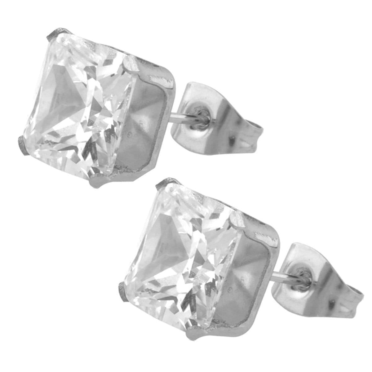INOX JEWELRY Earrings Silver Tone Stainless Steel Square Cut CZ Studs