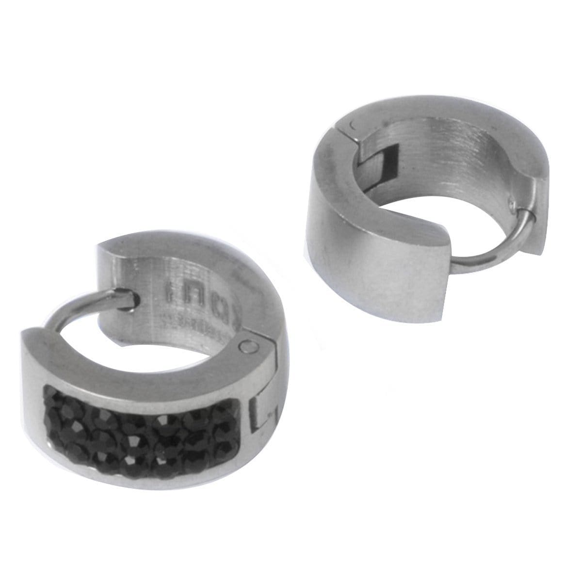 INOX JEWELRY Earrings Silver Tone Stainless Steel Triple Row Black Crystal Huggies SSE5159K