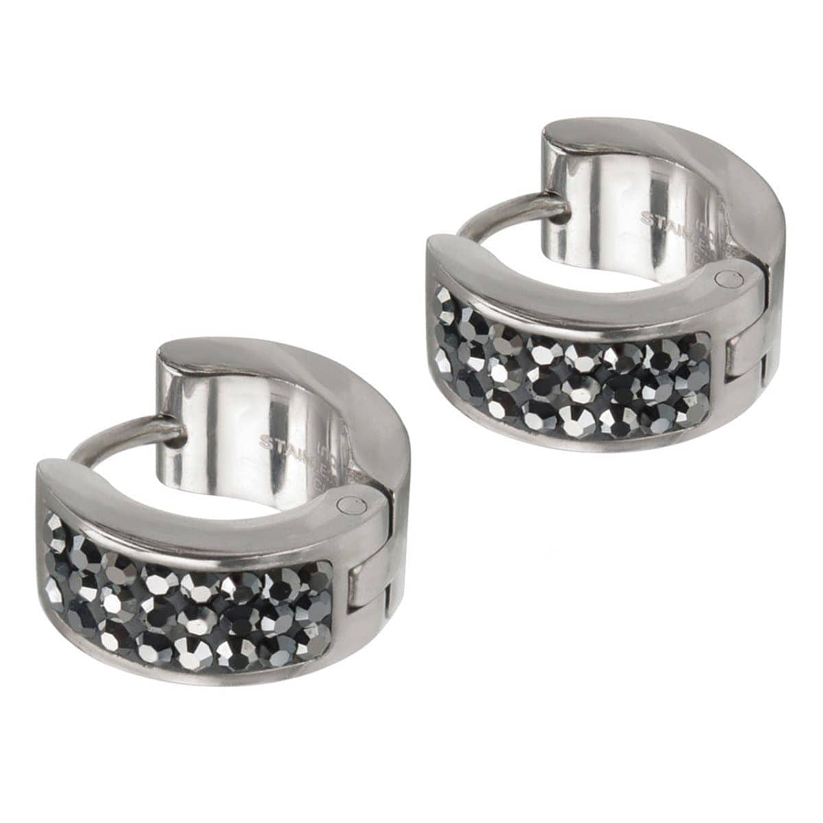 INOX JEWELRY Earrings Silver Tone Stainless Steel Triple Row Dark Gray Hematite Huggies SSE5159HM