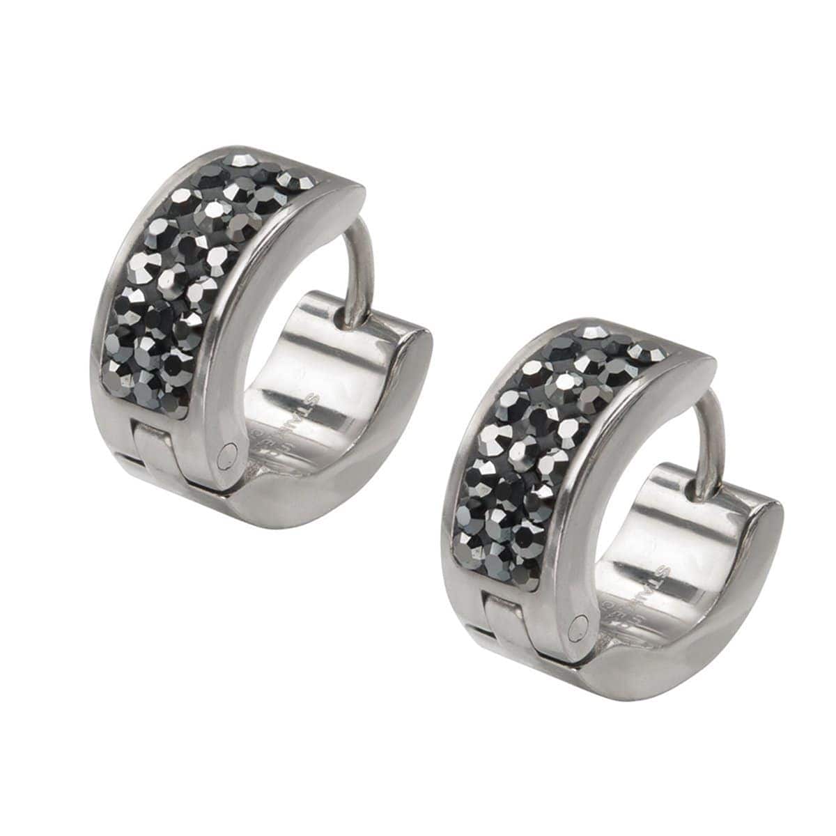 INOX JEWELRY Earrings Silver Tone Stainless Steel Triple Row Dark Gray Hematite Huggies SSE5159HM