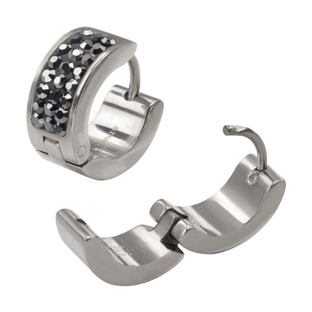 INOX JEWELRY Earrings Silver Tone Stainless Steel Triple Row Dark Gray Hematite Huggies SSE5159HM
