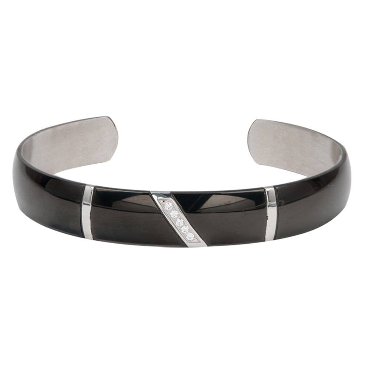 INOX JEWELRY Ladies Bracelets Black & Silver Stainless Steel CZ Detail Adjustable Bangle Cuff BR10094