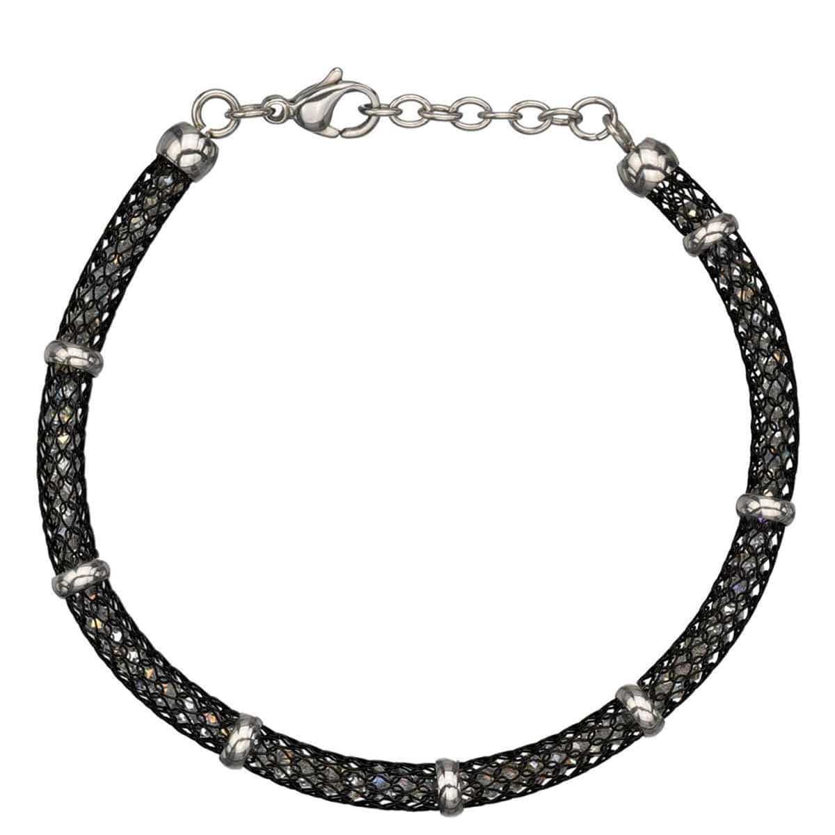 INOX JEWELRY Ladies Bracelets Black & Silver Stainless Steel Thin Polished Net & Bead Bracelet BRG1K