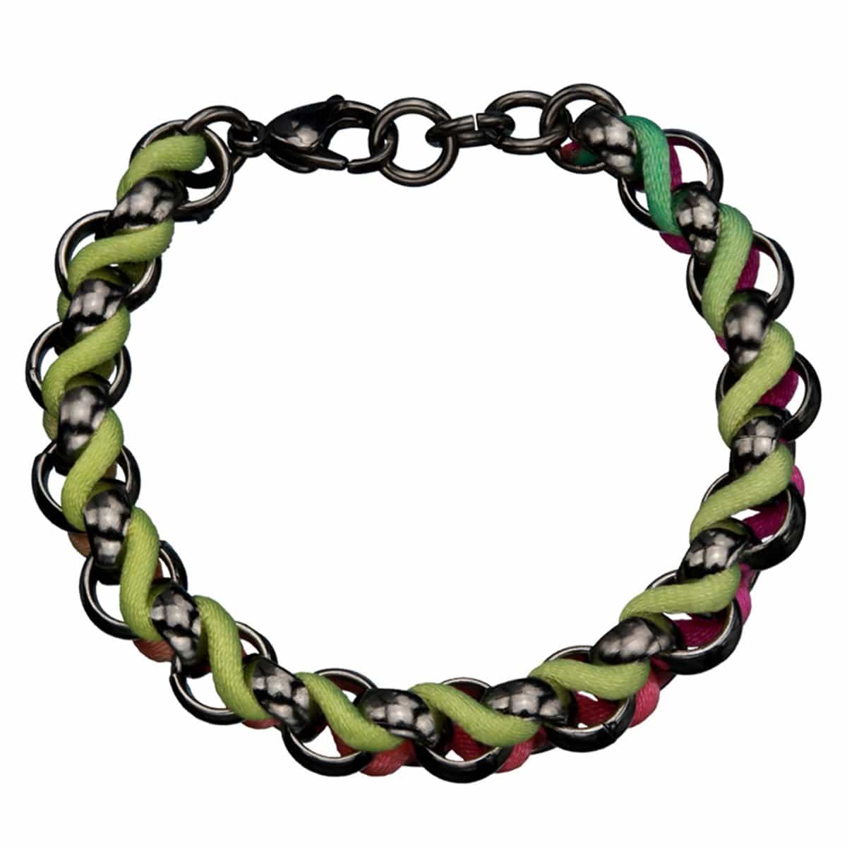 INOX JEWELRY Ladies Bracelets Black Stainless Steel with Muticolor Woven Fabric Bracelet BR1186K