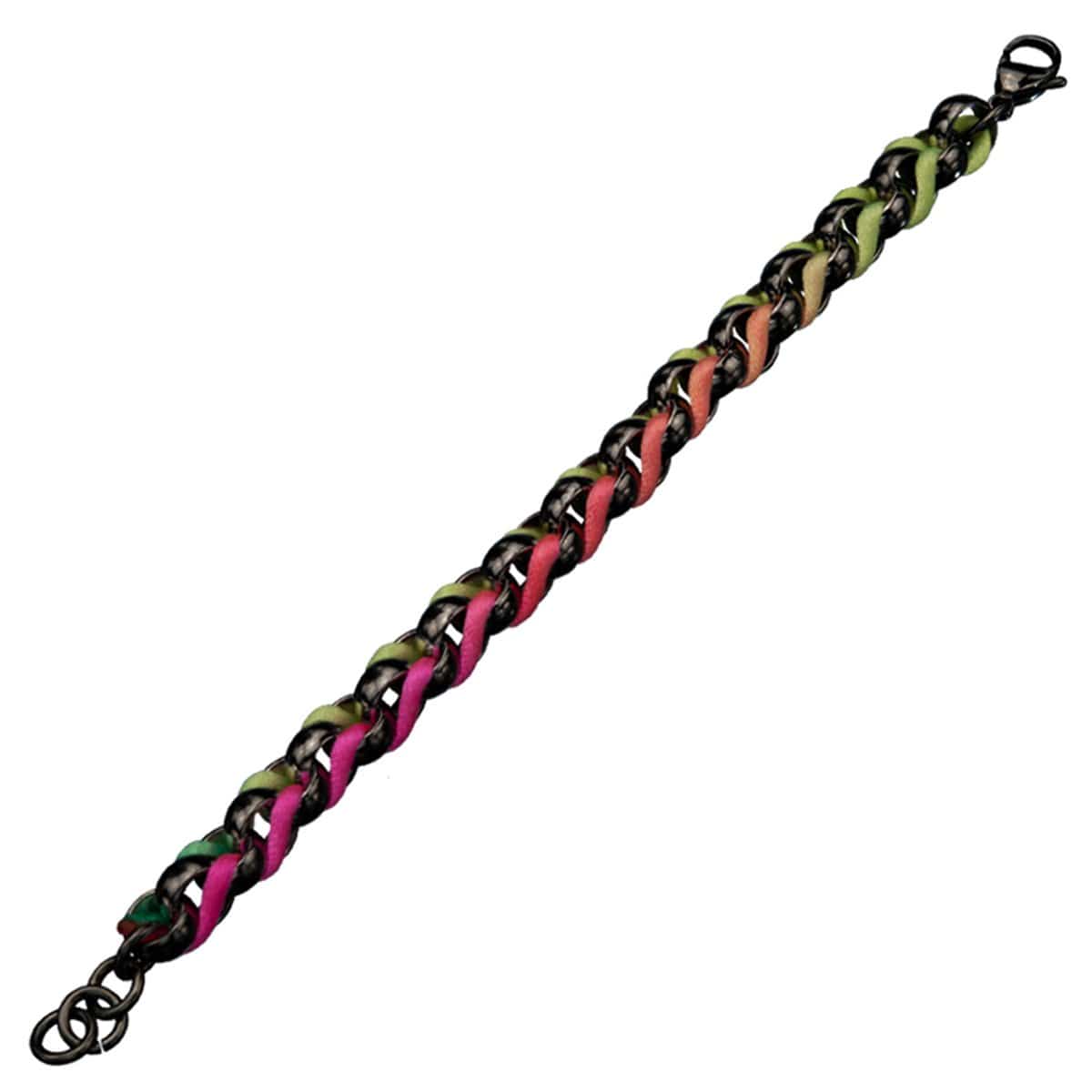 INOX JEWELRY Ladies Bracelets Black Stainless Steel with Muticolor Woven Fabric Bracelet BR1186K